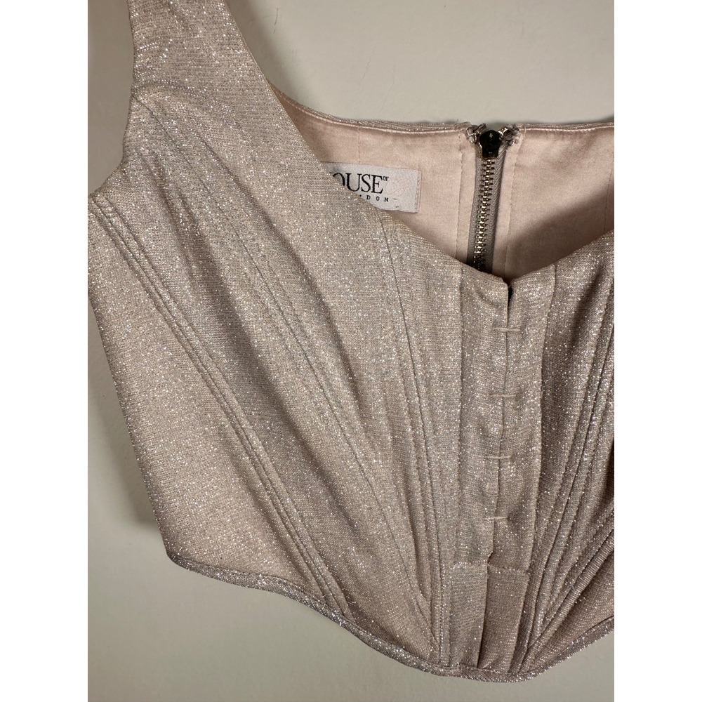 House of CB Elsa Silver Sparkle Cropped Corset Top Women XS Boned Crop SB4834 - Picture 2 of 7
